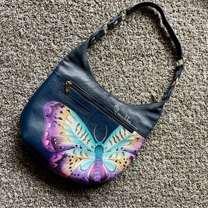 Anuschka Navy Blue Leather Hand-Painted Butterfly Handbag Purse Gold-Toned